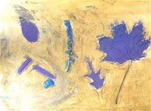 Purple silhouettes of leaves on a yellow painted background